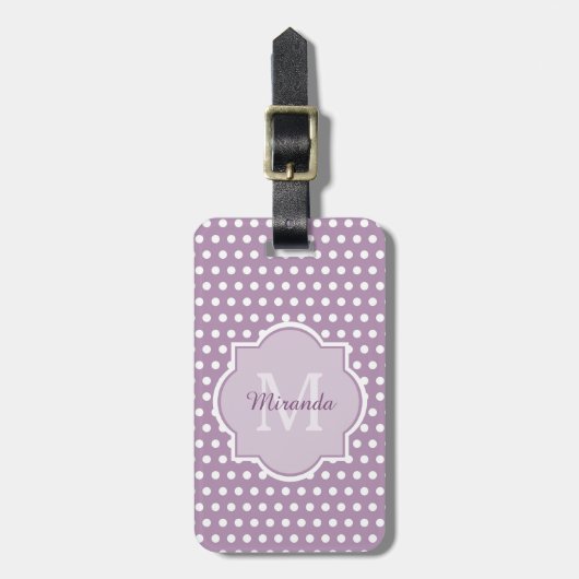 Girly Lavender Paars Polka Dots Monogram en naam Bagagelabel (Voorkant verticaal)