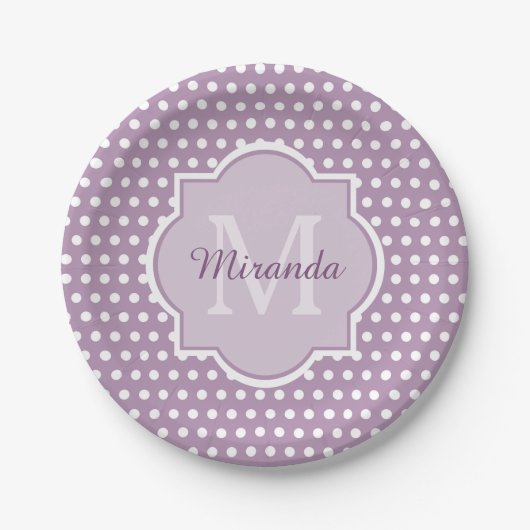 Girly Lavender Paars Polka Dots Monogram en naam Papieren Bordje (Voorkant)