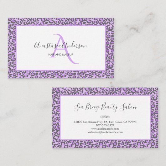 Girly Lavender Paarse Chic Leopard Spots Monogram Visitekaartje (Voorkant / Achterkant)