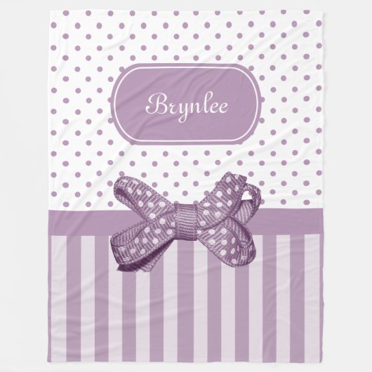 Girly Lavender Stripes Cute Polka Dot Bow and Name Fleece Deken (Voorkant)