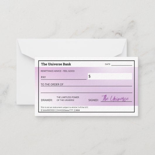 Girly Law of Attraction Blank Abundance Check Notitiekaartje (Voorkant)