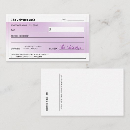 Girly Law of Attraction Blank Abundance Check Notitiekaartje (Voorkant / Achterkant)