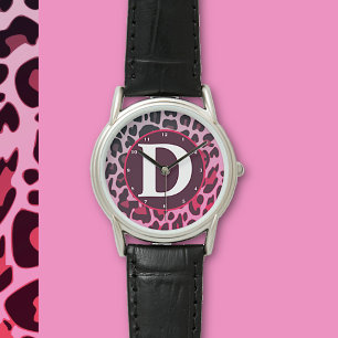 Girly Leopard Leeuw Patroon Print Design Monogram Horloge
