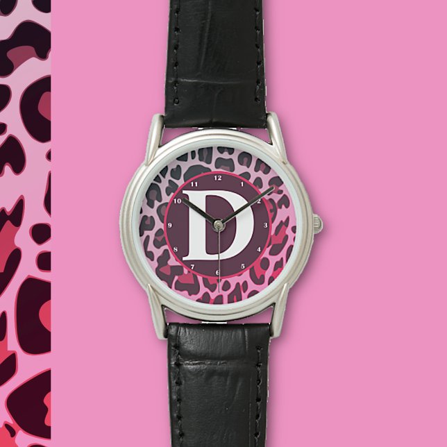 Girly Leopard Leeuw Patroon Print Design Monogram Horloge (Creator heeft geüpload)