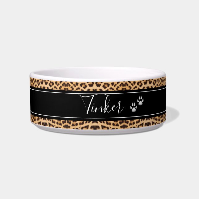 Girly Leopard Print Gepersonaliseerd huisdier Voerbakje (Voorkant)