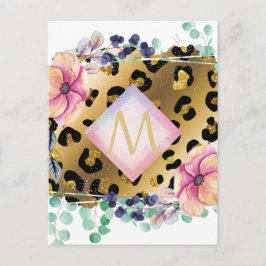  Girly Leopard Print Gold Pink Monogramed Briefkaart