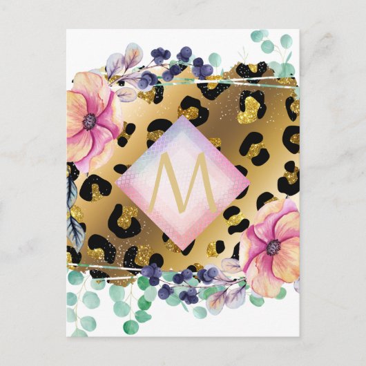  Girly Leopard Print Gold Pink Monogramed Briefkaart (Voorkant)