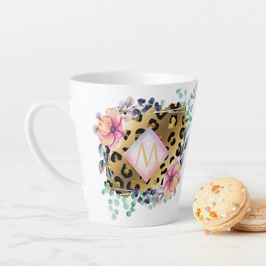  Girly Leopard Print Gold Pink Monogramed Latte Mok (In situ)