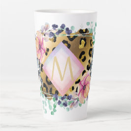  Girly Leopard Print Gold Pink Monogramed Latte Mok