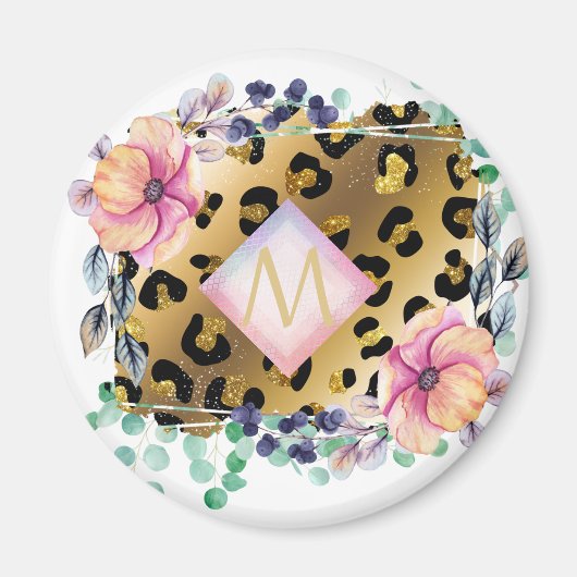 Girly Leopard Print Gold Pink Monogramed Magneet (Voorkant)