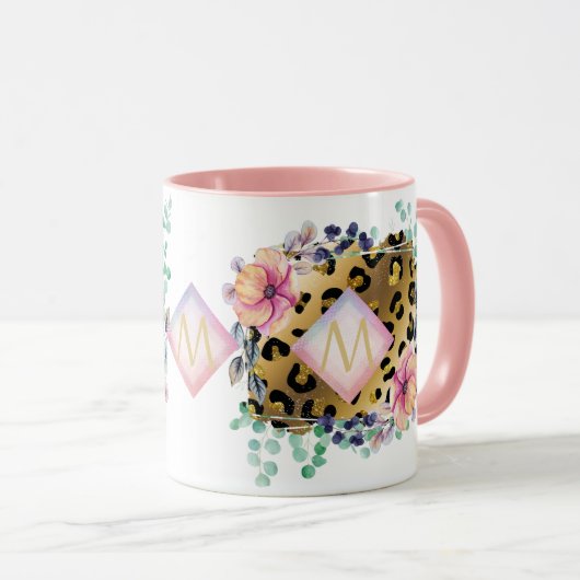  Girly Leopard Print Gold Pink Monogramed Mok (Voorkant rechts)