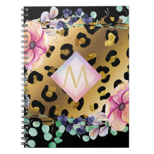 Girly Leopard Print Gold Pink Monogramed Notitieboek