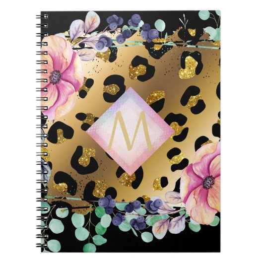 Girly Leopard Print Gold Pink Monogramed Notitieboek (Voorkant)