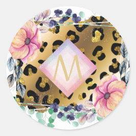  Girly Leopard Print Gold Pink Monogramed Ronde Sticker