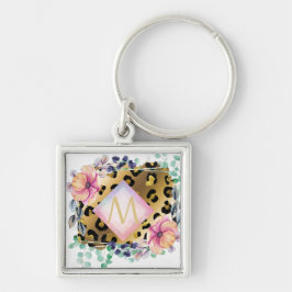  Girly Leopard Print Gold Pink Monogramed Sleutelhanger