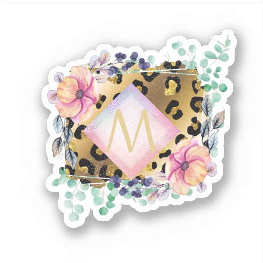  Girly Leopard Print Gold Pink Monogramed Sticker (Voorkant)