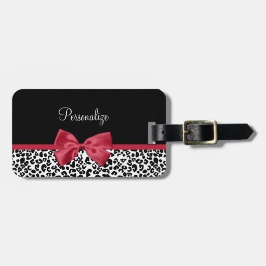 Girly Leopard print helder rood lintje met naam Bagagelabel (Voorkant horizontaal)