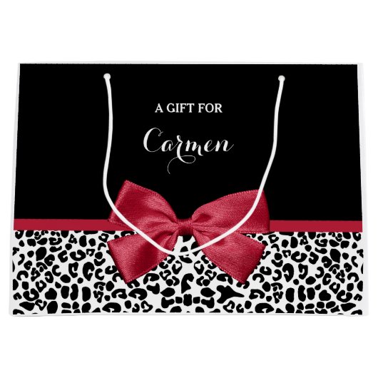 Girly Leopard print helder rood lintje met naam Groot Cadeauzakje (Voorkant)
