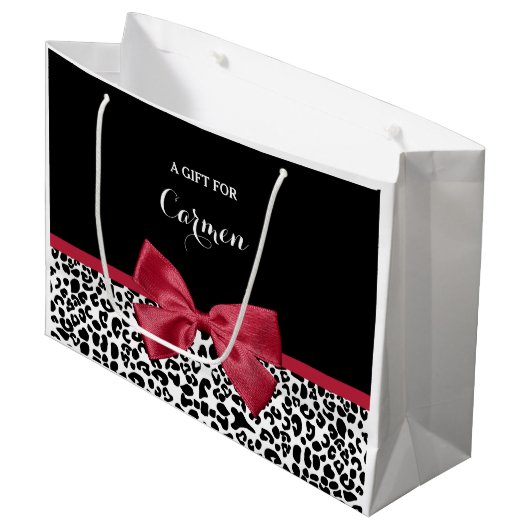 Girly Leopard print helder rood lintje met naam Groot Cadeauzakje (Voorkant Gekanteld)