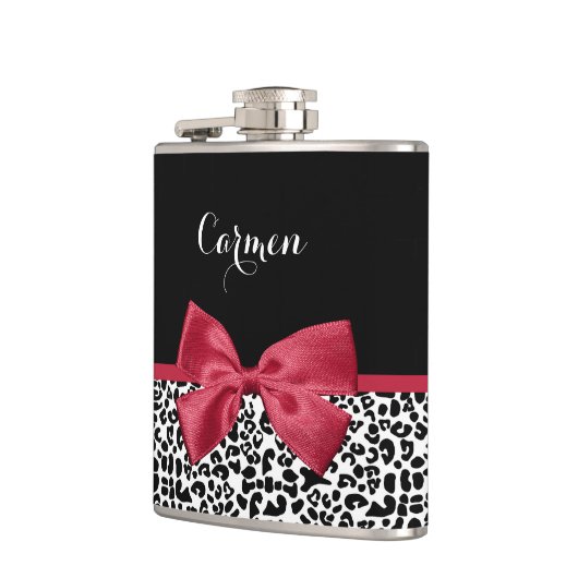 Girly Leopard print helder rood lintje met naam Heupfles (Links)