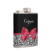 Girly Leopard print helder rood lintje met naam Heupfles (Rechts)