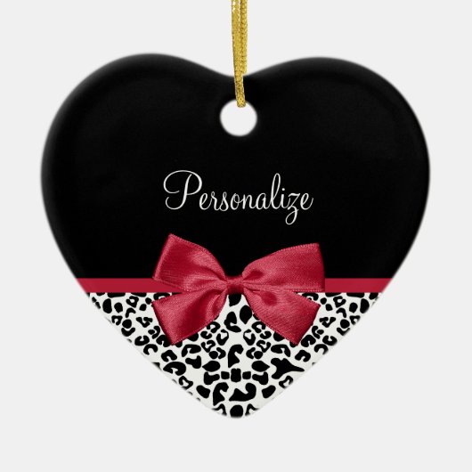 Girly Leopard print helder rood lintje met naam Keramisch Ornament (Voorkant)
