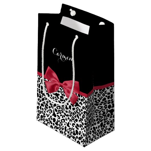 Girly Leopard print helder rood lintje met naam Klein Cadeauzakje (Voorkant Gekanteld)