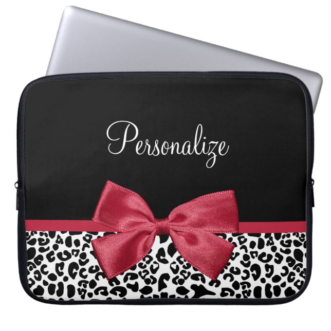 Girly Leopard print helder rood lintje met naam Laptop Sleeve (Voorkant)