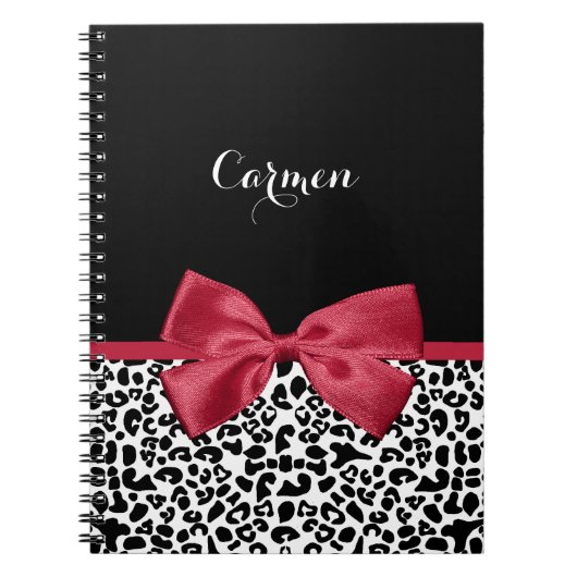 Girly Leopard print helder rood lintje met naam Notitieboek (Voorkant)