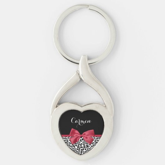 Girly Leopard print helder rood lintje met naam Sleutelhanger (Voorkant)