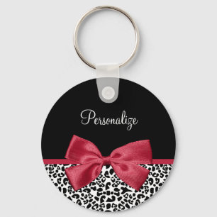 Girly Leopard print helder rood lintje met naam Sleutelhanger