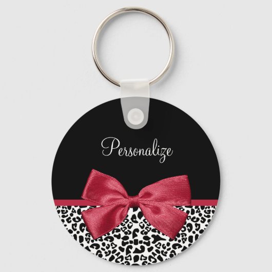 Girly Leopard print helder rood lintje met naam Sleutelhanger (Voorkant)
