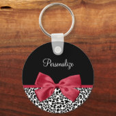 Girly Leopard print helder rood lintje met naam Sleutelhanger (Voorkant)