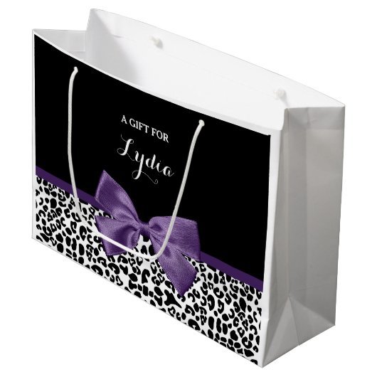 Girly Leopard print  Paars lintje met naam Groot Cadeauzakje (Voorkant Gekanteld)