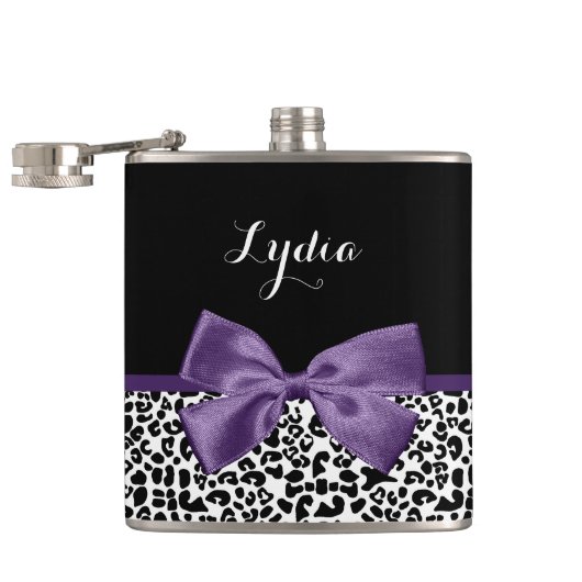 Girly Leopard print  Paars lintje met naam Heupfles (Geopend)