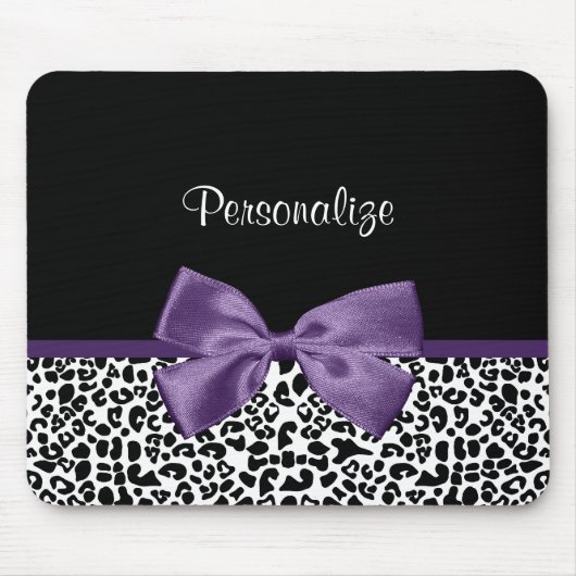 Girly Leopard print  Paars lintje met naam Muismat (Voorkant)