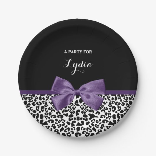 Girly Leopard print Paars lintje met naam Papieren Bordje (Voorkant)