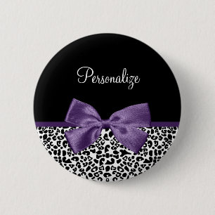 Girly Leopard print Paars lintje met naam Ronde Button 5,7 Cm