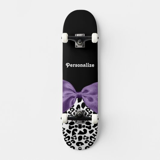 Girly Leopard print Paars lintje met naam Skateboard (Voorkant)