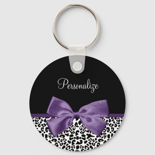 Girly Leopard print  Paars lintje met naam Sleutelhanger (Voorkant)