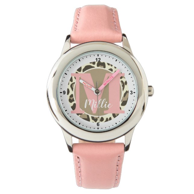 Girly Leopard Print Rockabilly Patroon Monogram Horloge (Voorkant)