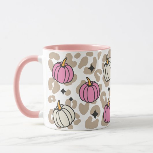 Girly Leopard Roze en Witte Pompoenen Halloween Mok (Links)