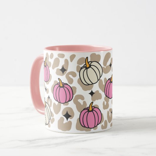 Girly Leopard Roze en Witte Pompoenen Halloween Mok (Voorkant links)