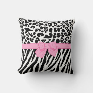 Girly Leopard Zebra Animal Print and Cute Pink Bow Kussen