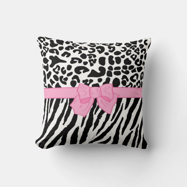 Girly Leopard Zebra Animal Print and Cute Pink Bow Kussen (Voorkant)