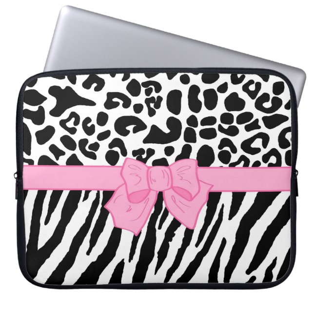 Girly Leopard Zebra Animal Print and Cute Pink Bow Laptop Sleeve (Voorkant)