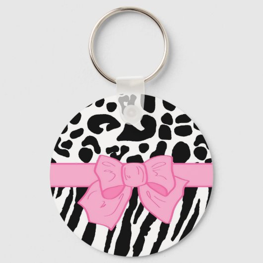 Girly Leopard Zebra Animal Print and Cute Pink Bow Sleutelhanger (Voorkant)