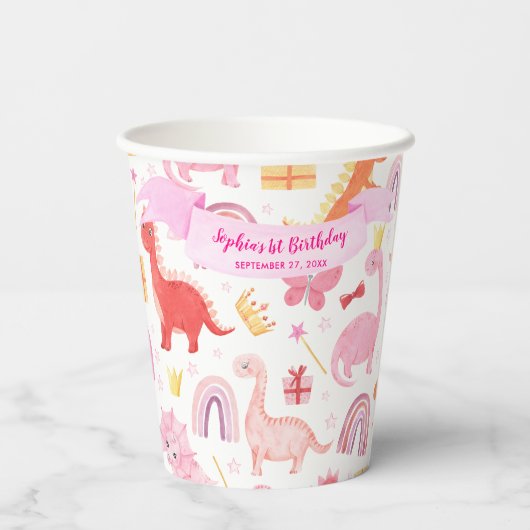 Girly Leuke Roze Baby Dinosaur Kids Verjaardag Papieren Bekers (Achterkant)