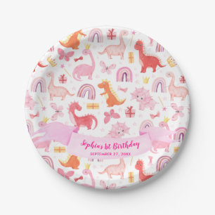 Girly Leuke Roze Baby Dinosaur Kids Verjaardag Papieren Bordje