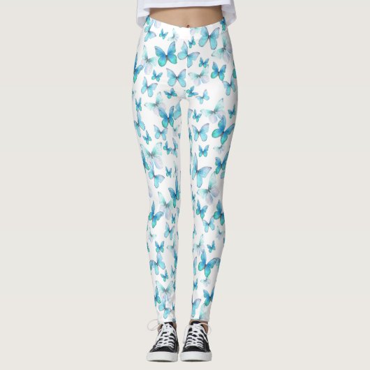 Girly light blue butterfly whimsical patterned leggings (Voorkant)